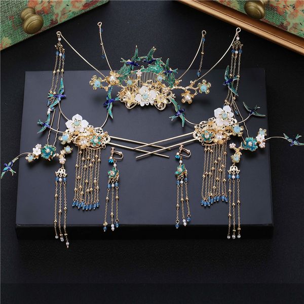 

bride chinese headdress blue birds tiara retro style tassels dragon and phoenix wear wedding hair decorations, Golden;white