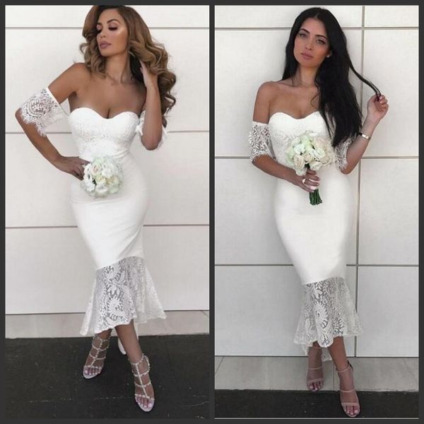 

сексуальная русалка невесты платья с плеча короткими рукавами милая белые женщины партия платья чай длина свадебные платья для гостей беспла, White;pink