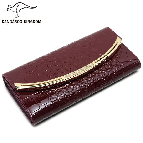 

kangaroo kingdom fashion patent leather women wallets long trifold purse lady brand clutch wallet card holder, Red;black