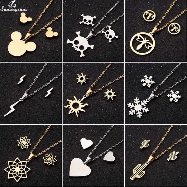 

shuangshuo trendy necklace mouse earrings jewelry sets for women kids stainless steel skull necklaces flower earings set, Silver