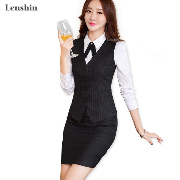 

lenshin 2 piece set high-grade fabric formal striped vest suit waistcoat women down coat jackets office lady business wear, Black;white