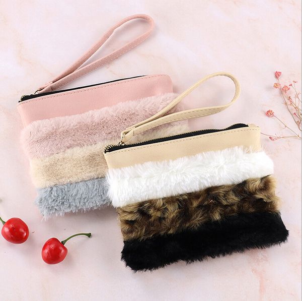 

luxury women fur cosmetic bag large capacity storage bag travel multi-function girl plush makeup pencil zipper box