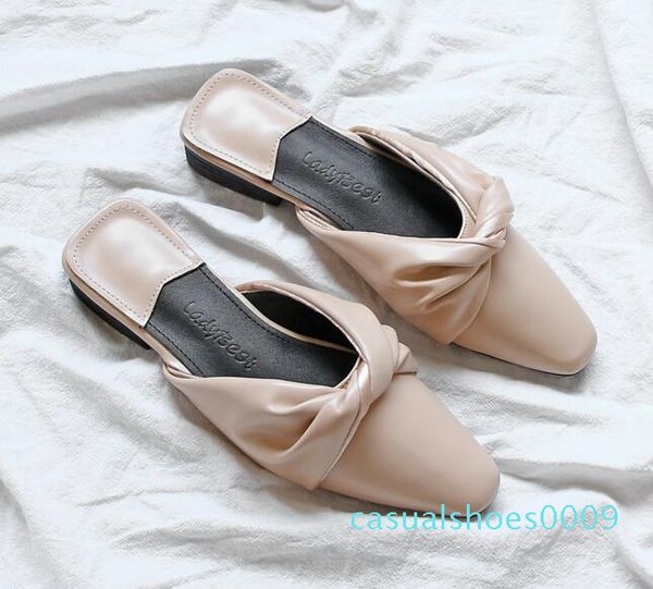 

design bow knot leather mules shoes women outside slippers summer square toe platform sandals woman beach slides c09, Black