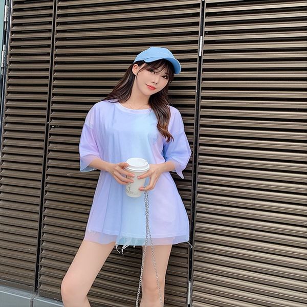 

gradient yarn short-sleeved women's loose midi 2019 round collar half-sleeve fashion gradient yarn short-sleeved t-shirt women's l, White