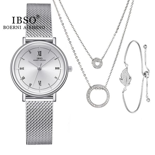 

ibso 3628 watch set women quartz wristwatch mesh steel lady crystal leaf bracelet pendant necklace luxury relogio femenino gift, Slivery;brown
