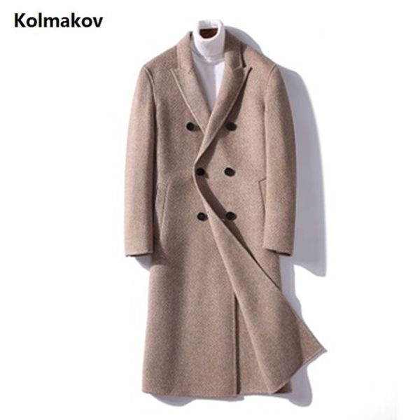 

2019 winter new men's long double side wool coat turndown collar casual woolen overcoat double breasted trenchcoat, Black