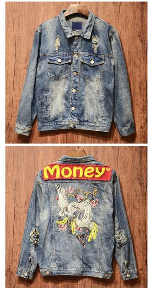 

japanese street tide brand original designer appliques cloth lion pattern for men denim jacket coat hip hop punk youth outerwear, Black;brown