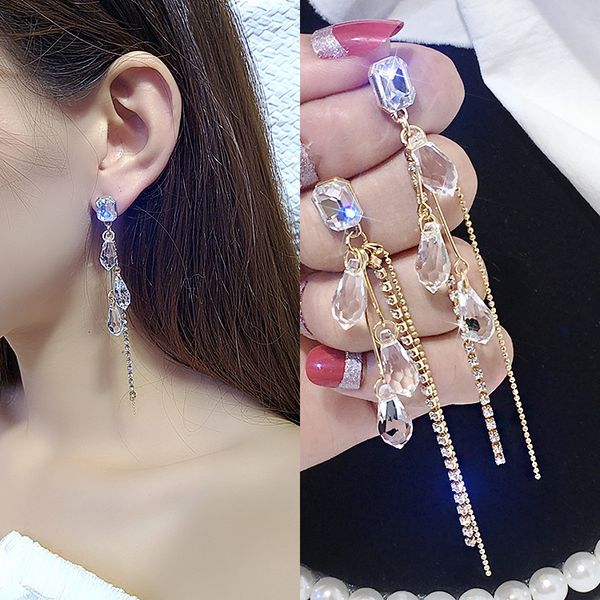 

korean temperament small fresh transparent crystal long chain tassel earrings earrings fairy thin and sweet female, Golden;silver