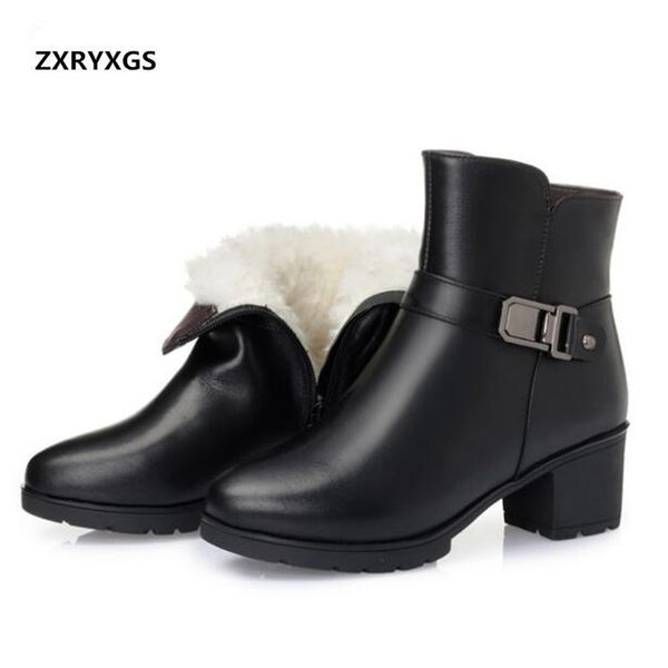 

zxryxgs brand boots warm comfortable cowhide wool snow boots women 2018 new plus size winter shoes woman high heeled, Black
