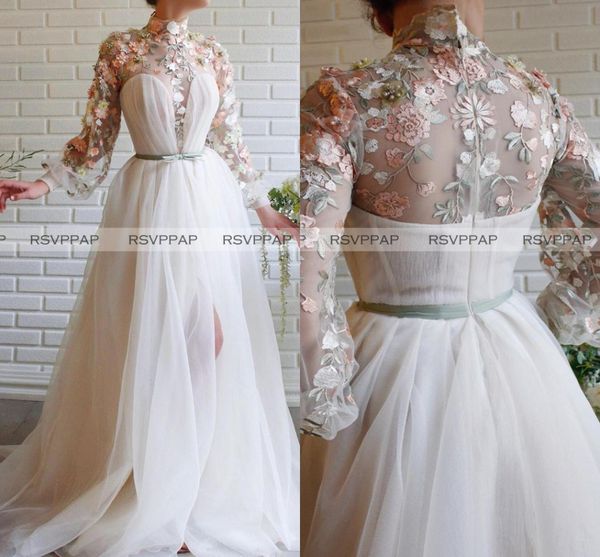 

ivory long sleeve women prom formal gown exquisite lace flowers high neck high slit a-line long evening dresses abendkleider, Black