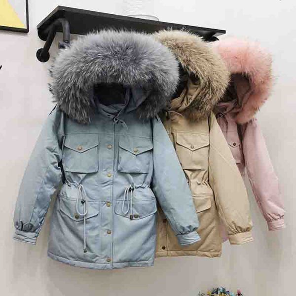 

real fur collar long sleeve down jacket women parkas mujer 2019 new winter thick warm white duck down jacket female hooded coat, Black