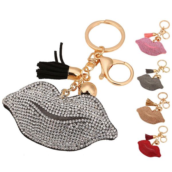 

cute tassels leather keychains clover crystal key chain car key ring lips pendant keychain key holder, Silver