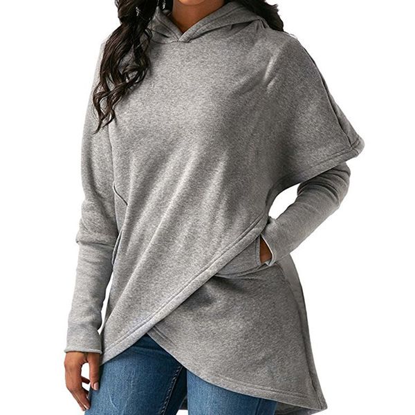 

fashion women hoodie irregular long sleeve hooded pockets female hoodies harajuku asymmetric hem sweatshirt women mujer pullover, Black