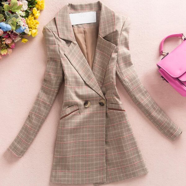 

plus size new women plaid slim blazer ladies spring autumn suits basic jacket casual blazer, White;black