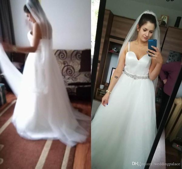 

elegant satin wedding dress 2020 with glitter beaded sash spaghetti straps simple style bridal dress for women, White