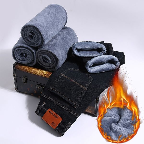 

2019 autumn winter fleece thick warm denim jeans new fashion male straight slim fit jeans trousers blue black,117