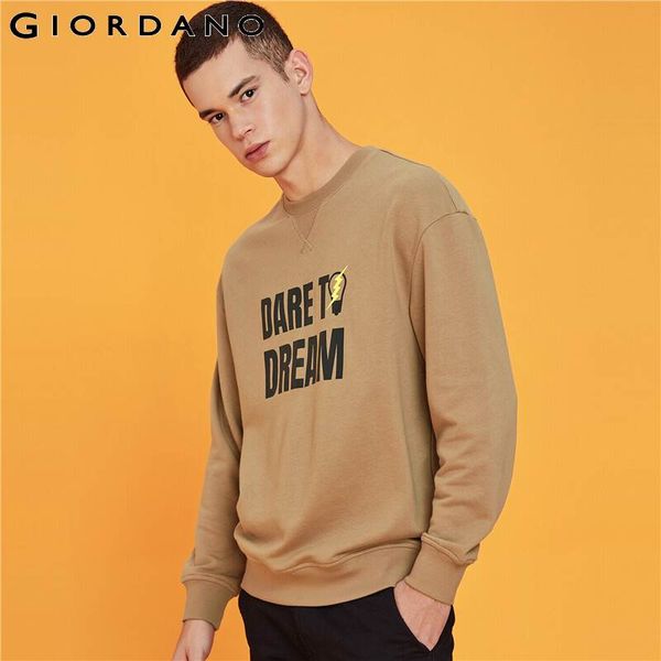 

giordano men sweatshirt printed letter crewneck pullover long sleeve terry casual cotton blend sudadera hombre 93099783, Black