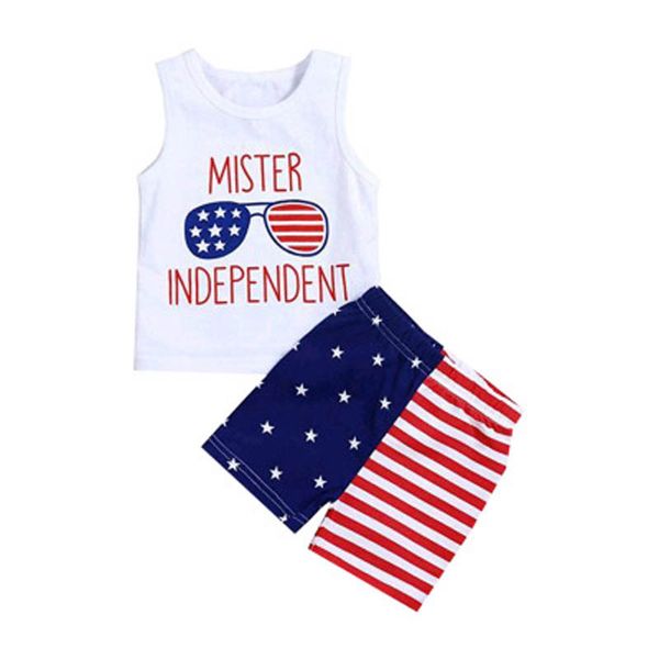 

children striped print vest american flag independence national day usa 4th july summer letter star print t-shirt stripe pants two-piece set, White