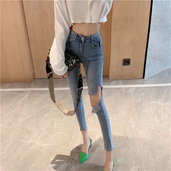 

2019 new fashion personality hole-washed self-cultivation nine-foot jeans, Blue