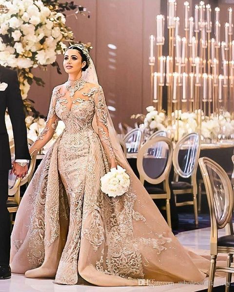 

arabic long sleeves lace mermaid wedding dresses high neck applique sweep train wedding bridal gowns with over skirts bc1096, White
