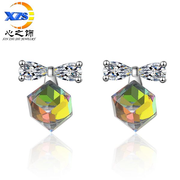 

senz shi aurora sugar cube rubik's cube stud earrings women's korean-style artificial crystal bow temperament short drop earrings, Golden