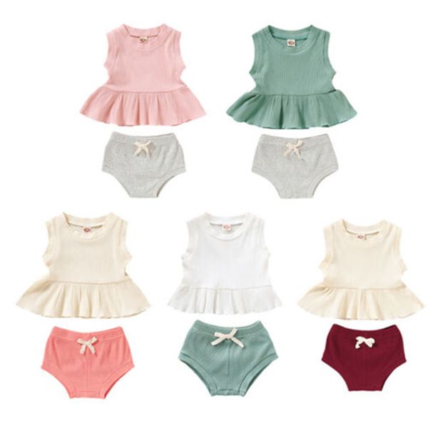 

2020 brand new summer newborn baby girls cotton clothes set summer sleeveless ruffle shorts pants cotton outfit sunsuit 2pcs, White