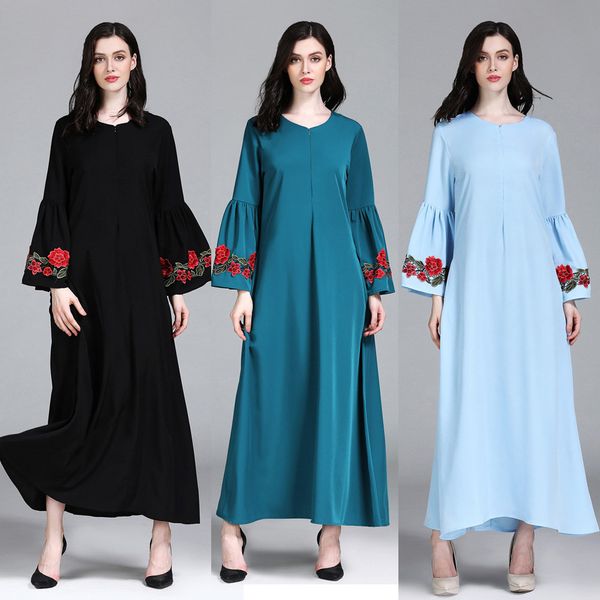 

muslim women islamic pure color embroider plus size middle east long dress kaftan dubai islamic clothing abayas for women, Red