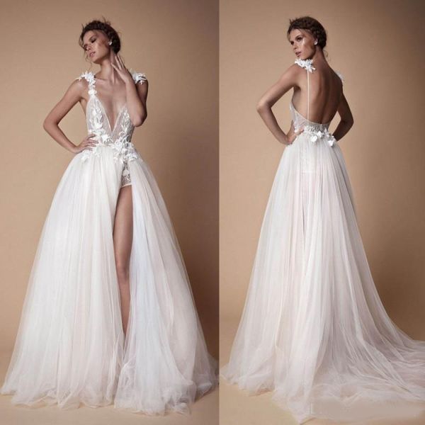 

2020 berta bohemian lace wedding dresses 3d appliqued a-line deep v-neck beach bridal gowns sweep train tulle thigh-high wedding dress, White