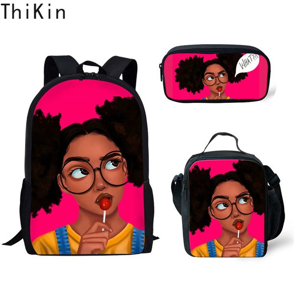 

thikin kids backpack girls for school black art african girls design bagpack children 3pcs/set schoolbag bookbag mochila escolar