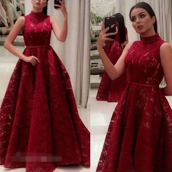 

2017 Arabic Dark Red Lace Evening Dresses High Neck Zipper Long Formal Party Gown Custom Made Plus Size