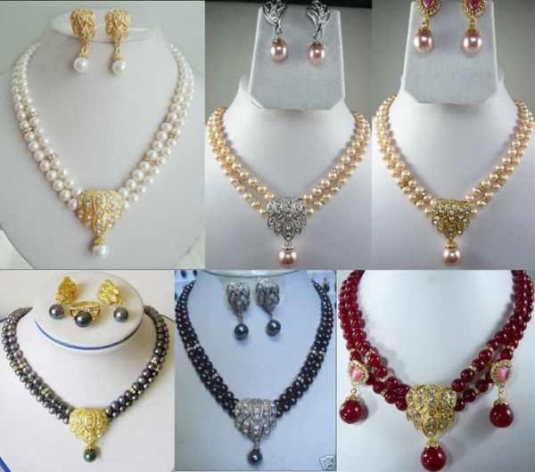 

6color-2row white/pink/black pearl green/red stone necklace shell pendant earring can choose jewelry set