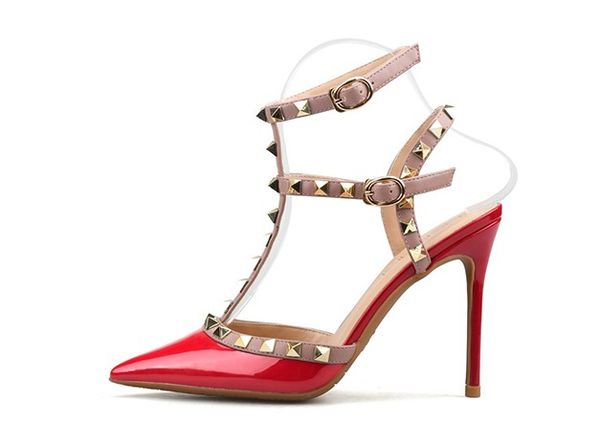 

designer pointed toe strap with studs high heels patent leather rivets sandals women shoes high heel dress shoes, Black