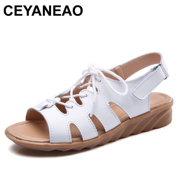 

ceyaneao women gladiator sandals shoes genuine leather lace up flat heels sandals ladies casual summer shoes women beach, Black