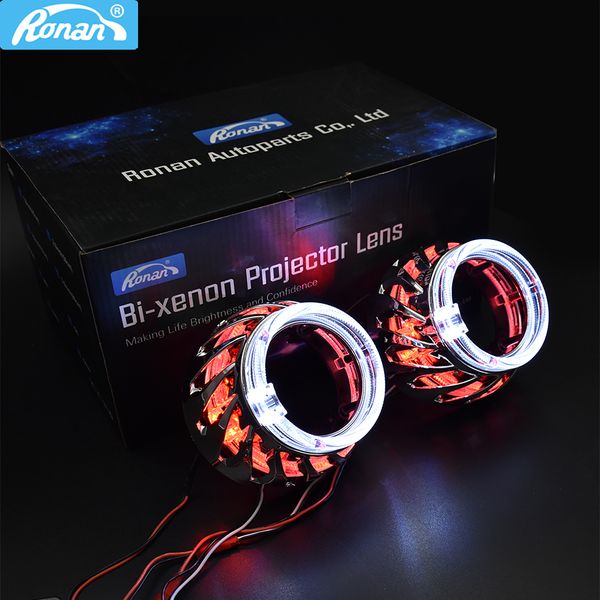 

ronan 2.5 inch spiral double led integrated shrouds white blue red angel eye masks drl for bi-xenon bi-led projector lens shroud