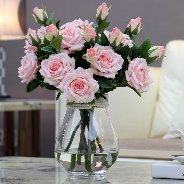 

2 heads bouquet luxury elegant artificial flowers real touch vivid roses fake silk flowers bride wedding decoration home a1155