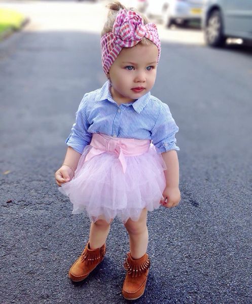 

baby girl spring suits turn down collar long sleeve striped shirt + pink tutu gauze skirts 2 pieces outfit clothing sets, White