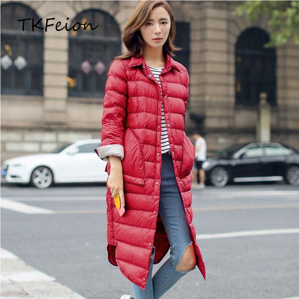 

women autumn jacket warm duck down light ultra-thin style spring winter ladies long overcoats turn-down collar female loose coat, Black;brown