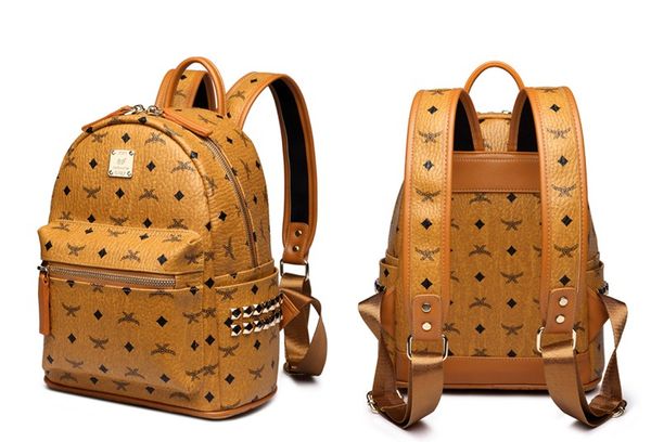 

Women And Men Backpack Genuine Leather School Bag For Teenagers Punk Rivet Female Travel Bags Black Gold Bolsos Mujer