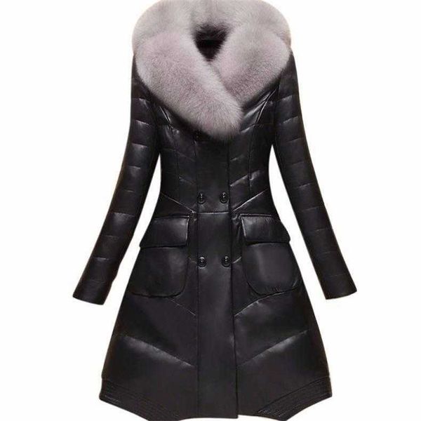 

women's leather & faux women coat mid-long big fur collar fashion down cotton jacket winter large size thicken warm windbreaker haining, Black
