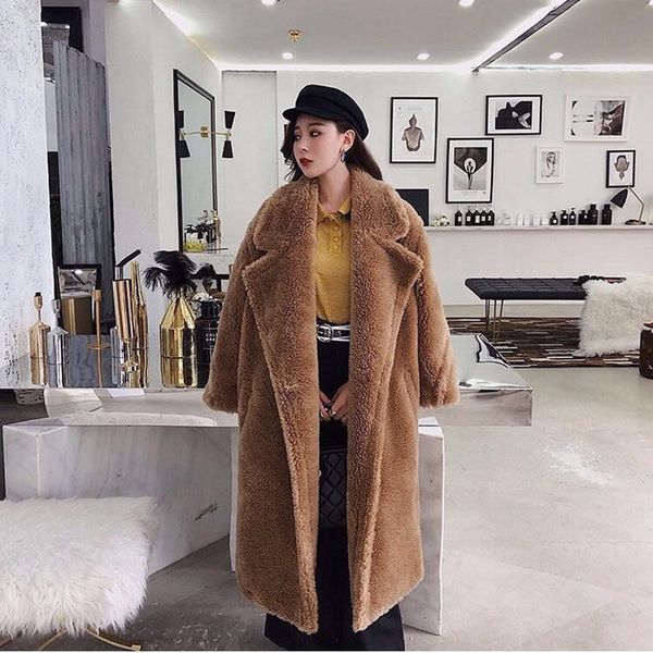 

women faux fur coat teddy bear brown fleece jackets outerwear fuzzy jacket thick overcoat warm long parka shearling overcoat ljja2683-1, Black
