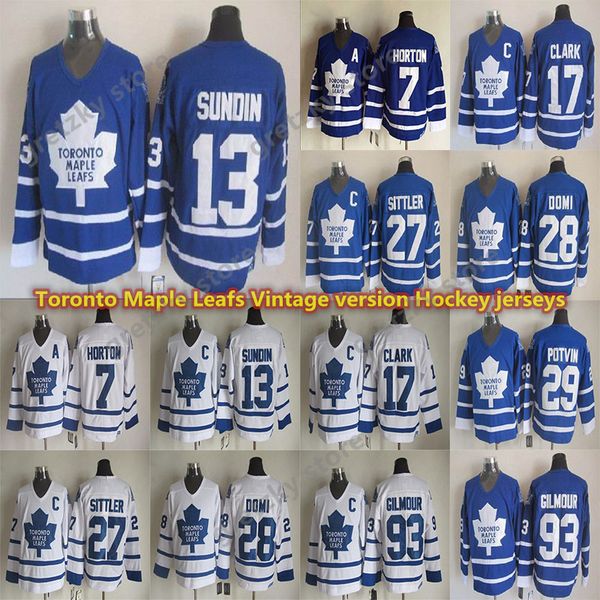 

toronto maple leafs vintage version hockey jersey 17 clark 93 gilm0ur 13 sundin 7 horton 27 sittler 28 domi ccm hockey jerseys, Black;red