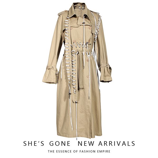

new arrived khaki color women wind long coat full sleeves double breasted fashion streetwear outwear clothes, Tan;black