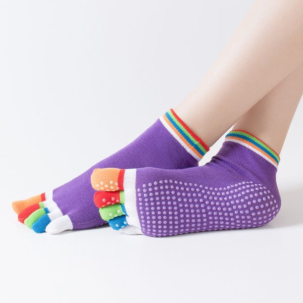 

sports colorful yoga socks women fitness anti slip and pilates cotton breathable five toe sock rainbow workout toe socks, Black