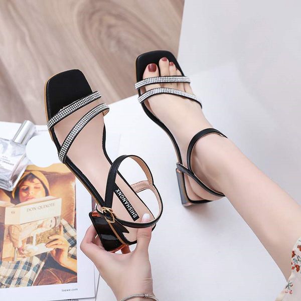 

2019 sandals buckle strap female shoe black shoes for women block heels open toe med women's ladies beige chunky fashion clear