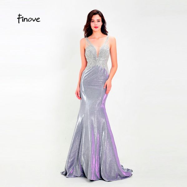 

finove new prom dress long 2019 reflective dress chic beading backless mermaid style party dress vestido de fies plus size 14414, Black