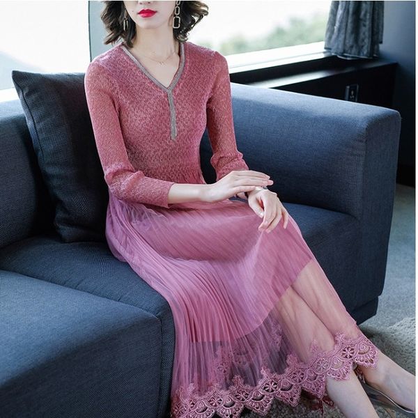 

special pleats stitching embroidered lace dress elegant lace v-neck women vintage hollow out pleated dress prom party dresses, Black;gray