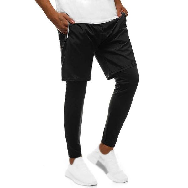 

men's casual sport slim track pants sweatpants trousers jogger running workout casual solid color double layer sports pants, Black