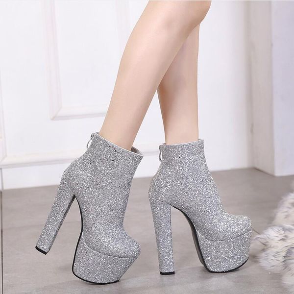 

european 2019 new fashion glitter ankle boots women winter shoes round toes platform short boots 16cm square heel zip black