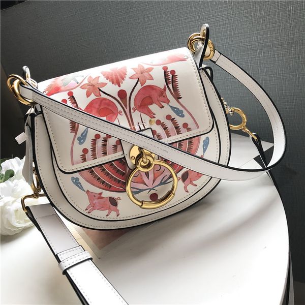 

2019 year of pig genuine leather doodle printing piggy package semi-circle saddle package single shoulder messenger packet