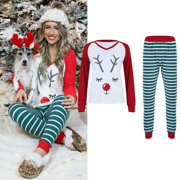 

women christmas reindeer print pyjamas xmas nightwear pajamas pjs sleepewear set, Black;white